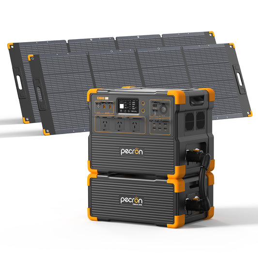 PECRON E3600LFP Australian outlet portable power station with 1x EP3000-48V expansion battery and 2x PV300 solar panels