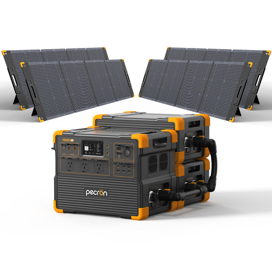 PECRON E3600LFP Australian outlet portable power station with 2x EP3000-48V expansion battery and 4x PV300 solar panels