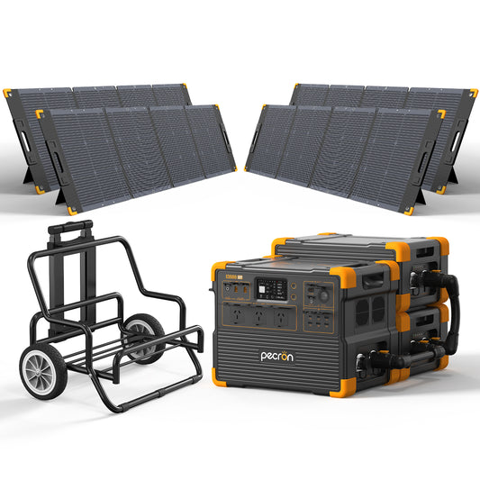 PECRON E3600LFP Australian outlet portable power station with trolley, 2x EP3000-48V expansion battery, and 4x PV300 solar panels