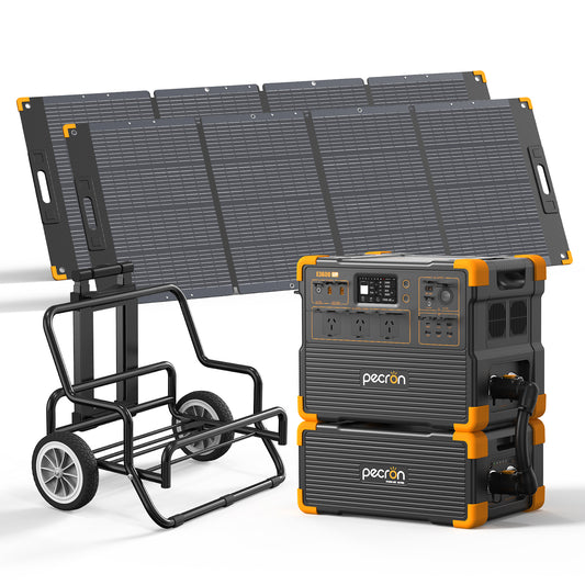 PECRON E3600LFP Australian outlet portable power station with trolley, 1x EP3000-48V expansion battery and 2x PV300 solar panels