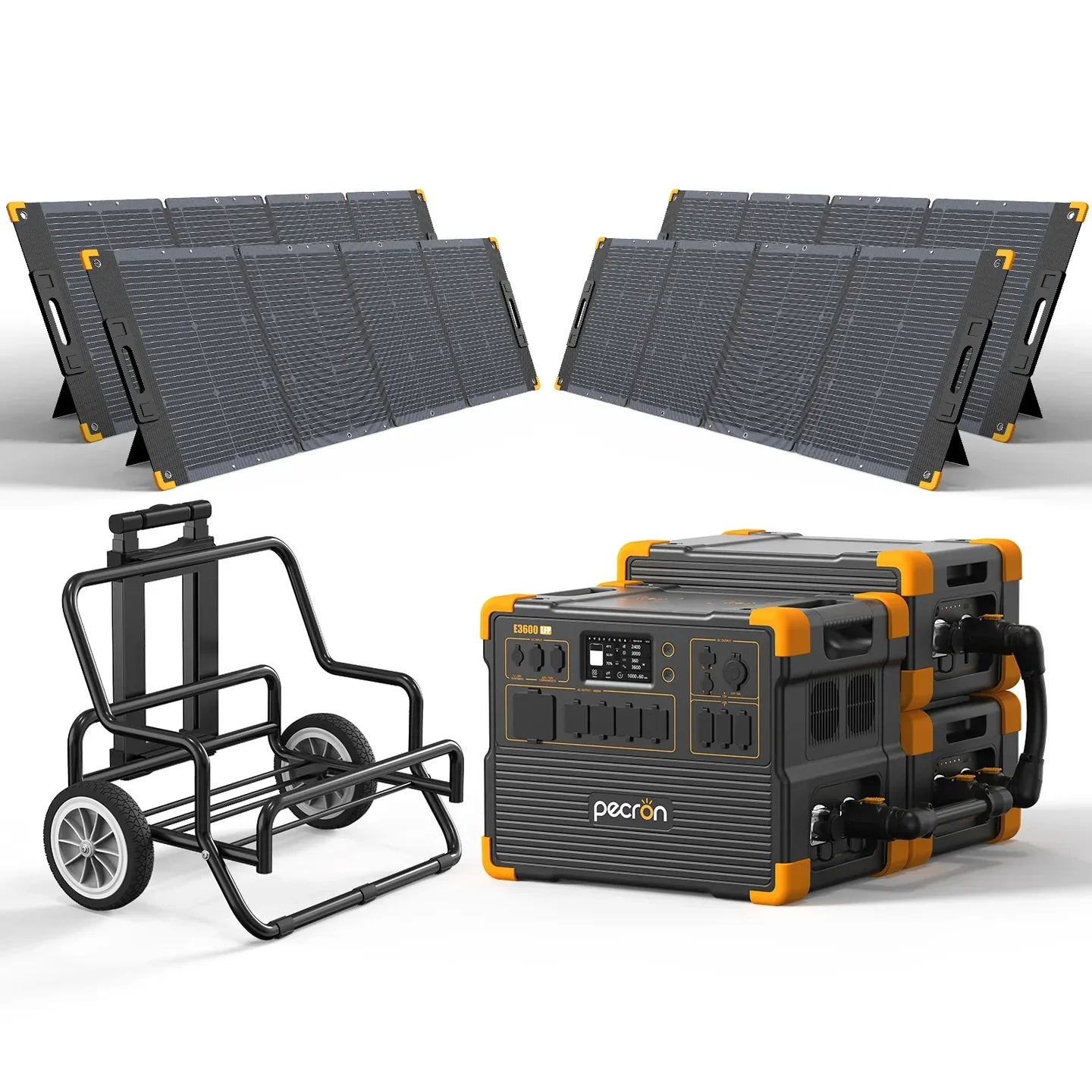 PECRON E3600LFP power station with trolley, 2x EP3000-48V expansion battery, and 4x PV300 solar panels