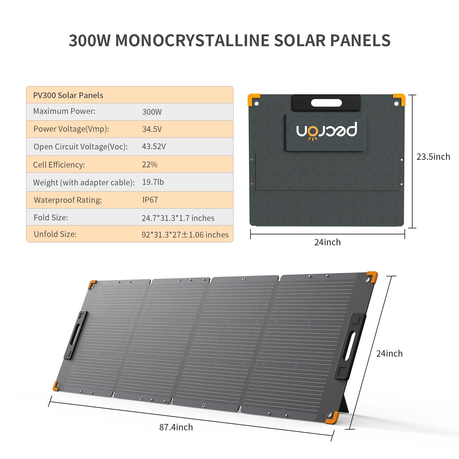 300W Monocrystalline Pecron PV300 Solar Panels with specifications and dimensions on a white background
