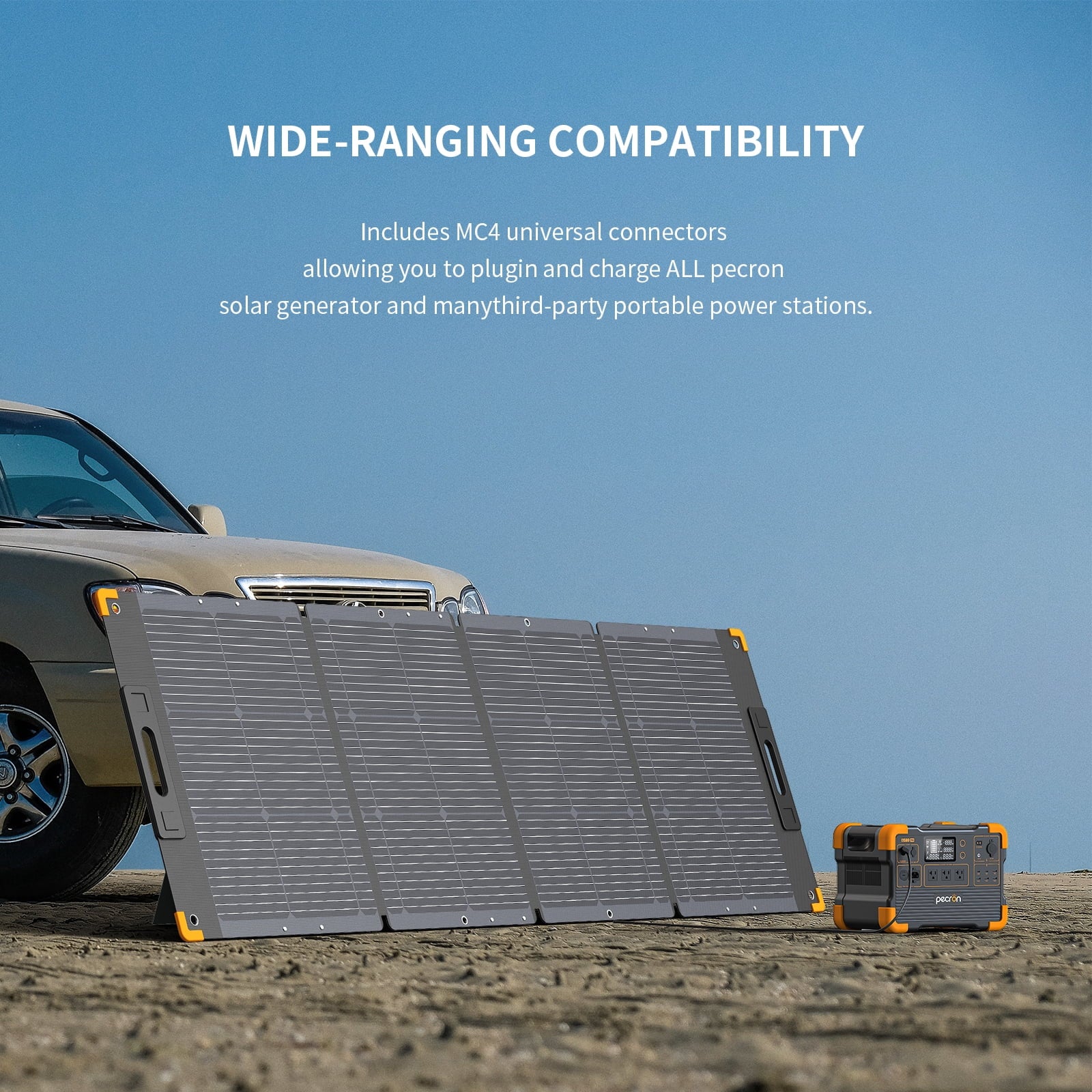 Solar panel and portable power station with text about compatibility on a clear day.