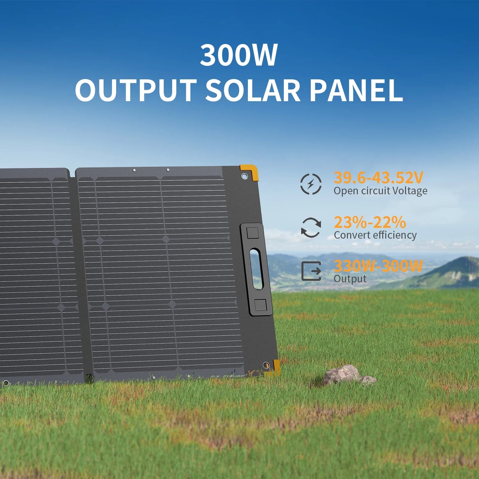 300W output Pecron PV300 solar panel with specifications on a grassy field background